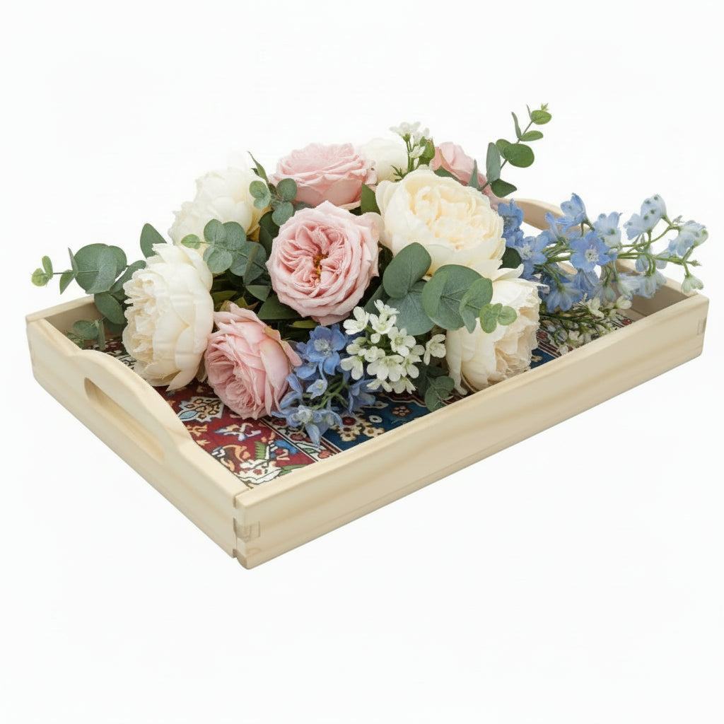 Liora Wooden Serving Tray — 10x14" Rectangular Farmhouse Tray with Handles, Mandala Design