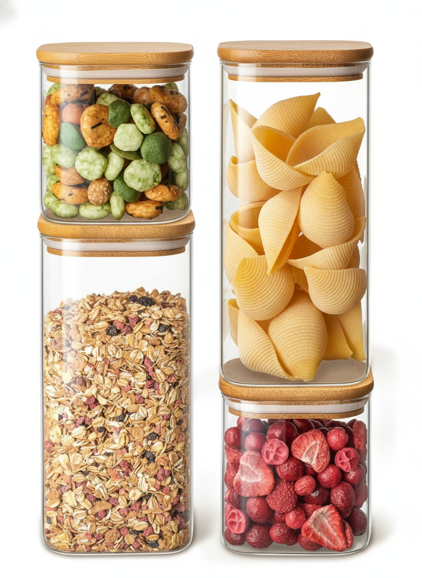 Liora Glass Storage Jars — Set of 4 Square Airtight Canisters with Bamboo Lids (50oz & 24oz)