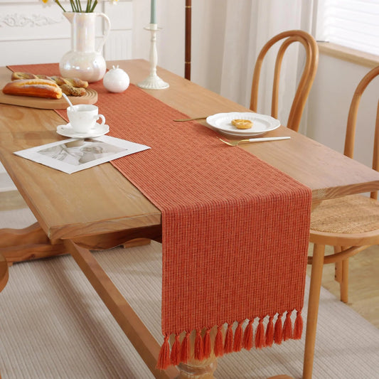 Liora Fall Table Runner — 108" Rustic Boho Cotton Linen Table Decor with Tassels