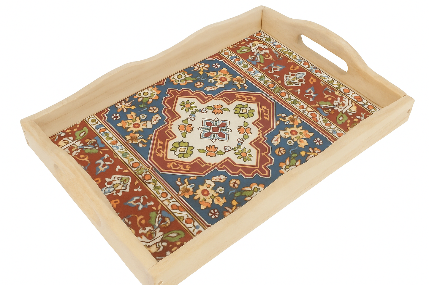 Liora Wooden Serving Tray — 10x14" Rectangular Farmhouse Tray with Handles, Mandala Design