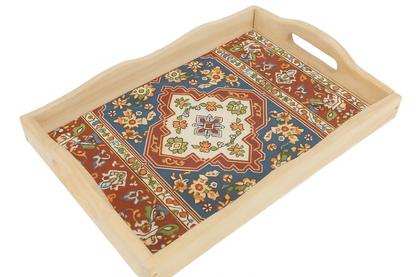 Liora Wooden Serving Tray — 10x14" Rectangular Farmhouse Tray with Handles, Mandala Design