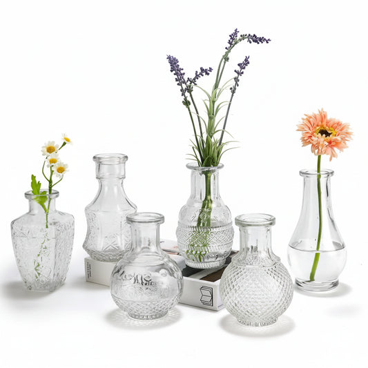 Liora Clear Glass Bud Vase Set — 6 Vintage Embossed Vases for Wedding & Home Décor
