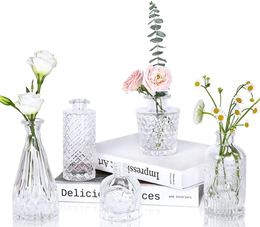 Liora Clear Glass Bud Vase Set — 5 Mini Vintage Vases for Wedding & Home Décor