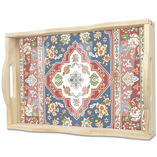 Liora Wooden Serving Tray — 10x14" Rectangular Farmhouse Tray with Handles, Mandala Design