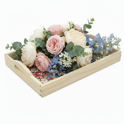 Liora Wooden Serving Tray — 10x14" Rectangular Farmhouse Tray with Handles, Mandala Design