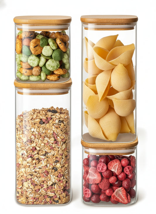 Liora Glass Storage Jars — Set of 4 Square Airtight Canisters with Bamboo Lids (50oz & 24oz)
